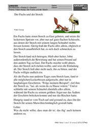 Leseprobe für Deutsch in der 2. Klasse Thema Fabel Der Fuchs und der Storch nach Aesop