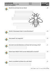 Lernzielkontrolle für Sachkunde Grundschule 2. Klasse zum Thema Bienen (Honigbiene mit Musterlösung)